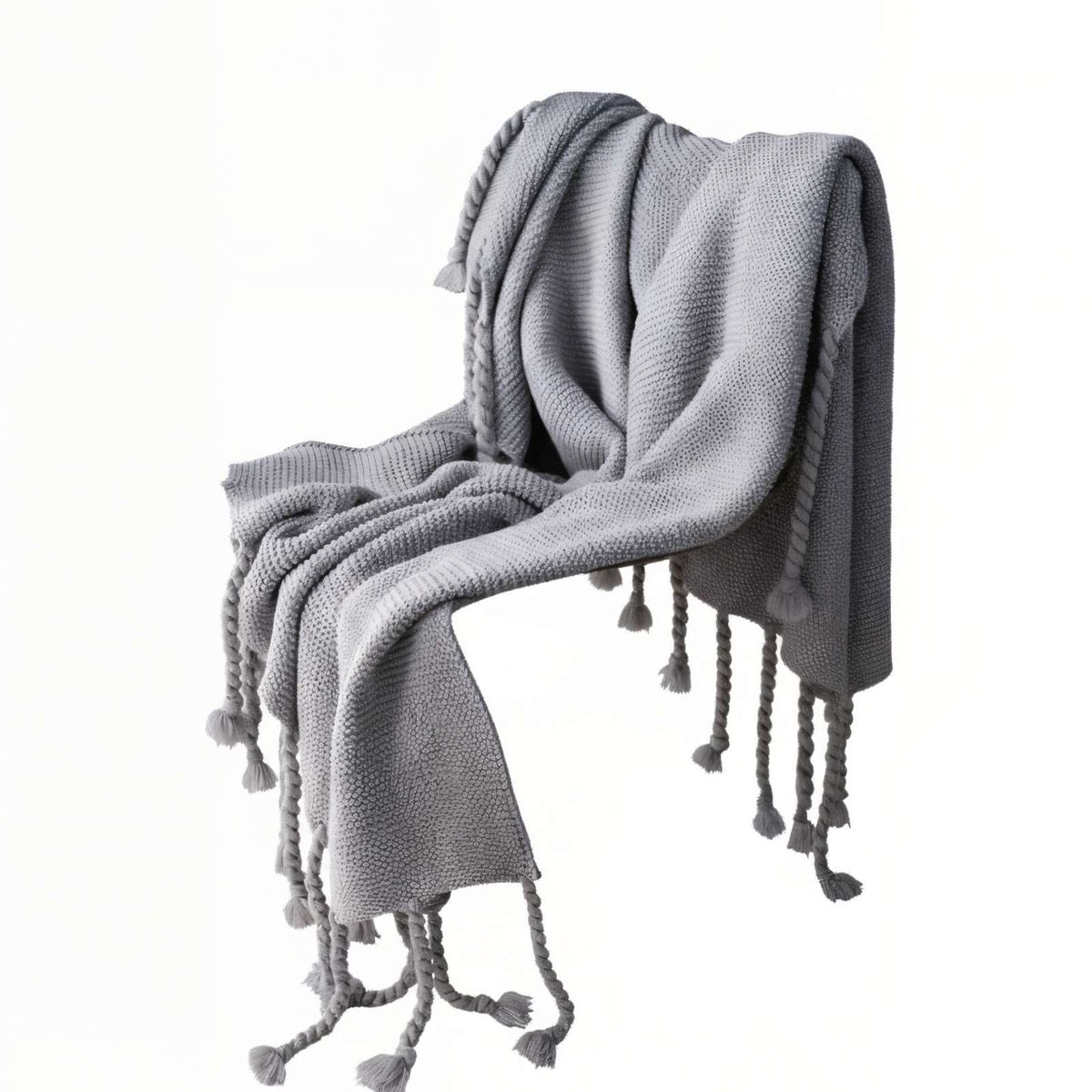 GENERICO - MANTA CHENILLE CON FLECOS DE SOGA TRENZADOS COLOR GRIS