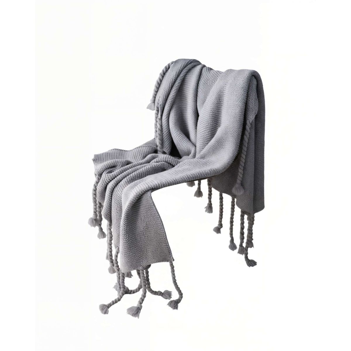 GENERICO - MANTA CHENILLE CON FLECOS DE SOGA TRENZADOS COLOR GRIS