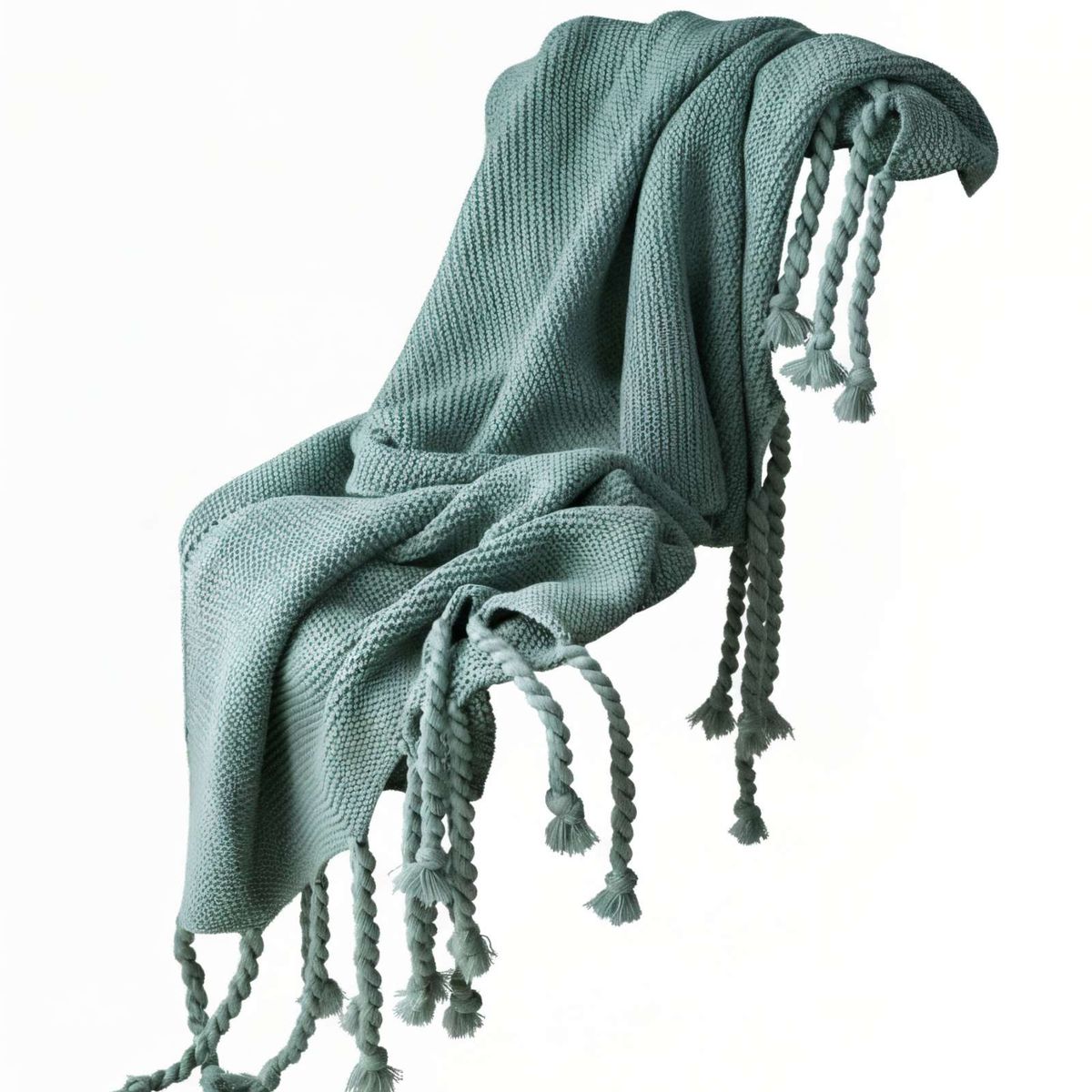 GENERICO - MANTA CHENILLE CON FLECOS DE SOGA TRENZADOS COLOR VERDE