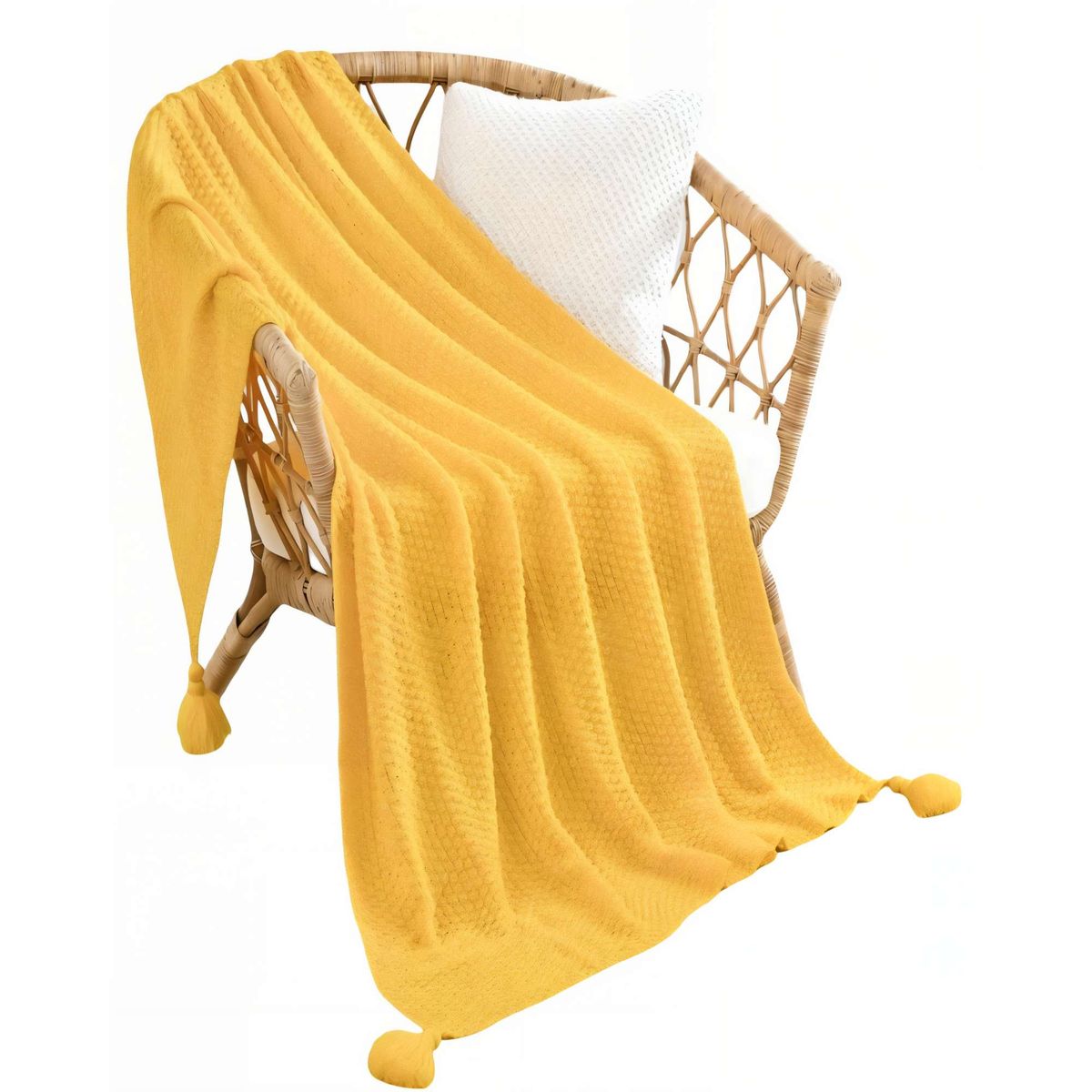 GENERICO - MANTA DE SOFÁ CON FLECOS DE SOGA COLOR AMARILLO