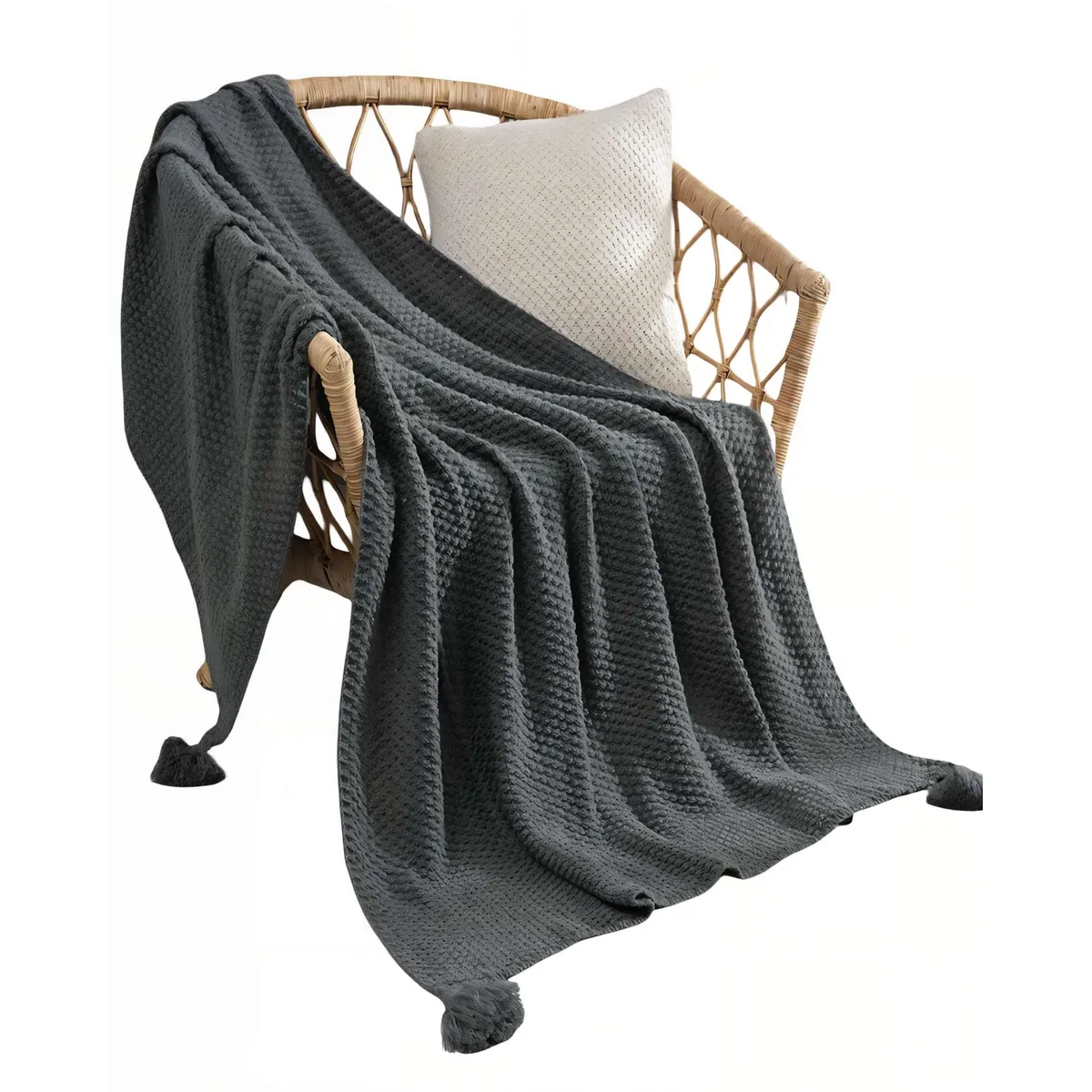 GENERICO - MANTA DE SOFÁ CON FLECOS DE SOGA COLOR GRIS