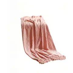 GENERICO - MANTA DECORATIVA CON FLECOS Y TEJIDO DE ROMBOS EN RELIEVE COLOR ROSADO