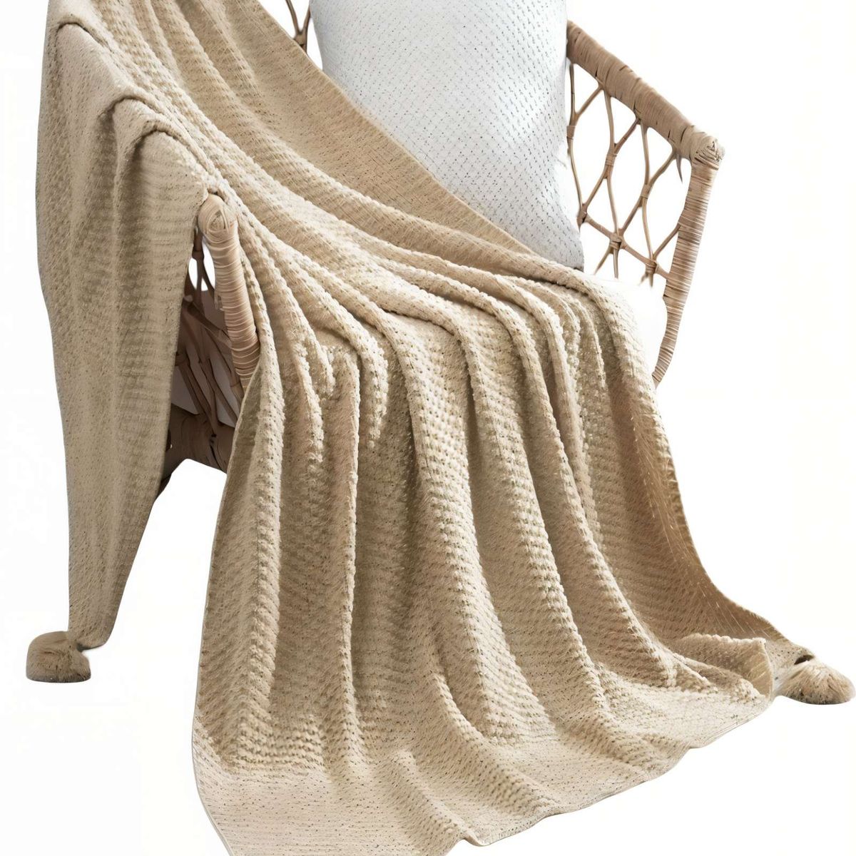 GENERICO - MANTA DE SOFÁ CON FLECOS DE SOGA 130CMX180CM  COLOR BEIGE