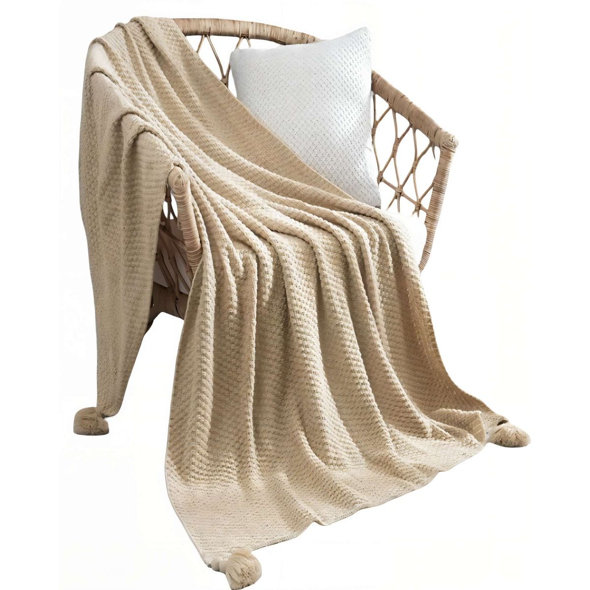 GENERICO - MANTA DE SOFÁ CON FLECOS DE SOGA 130CMX180CM  COLOR BEIGE