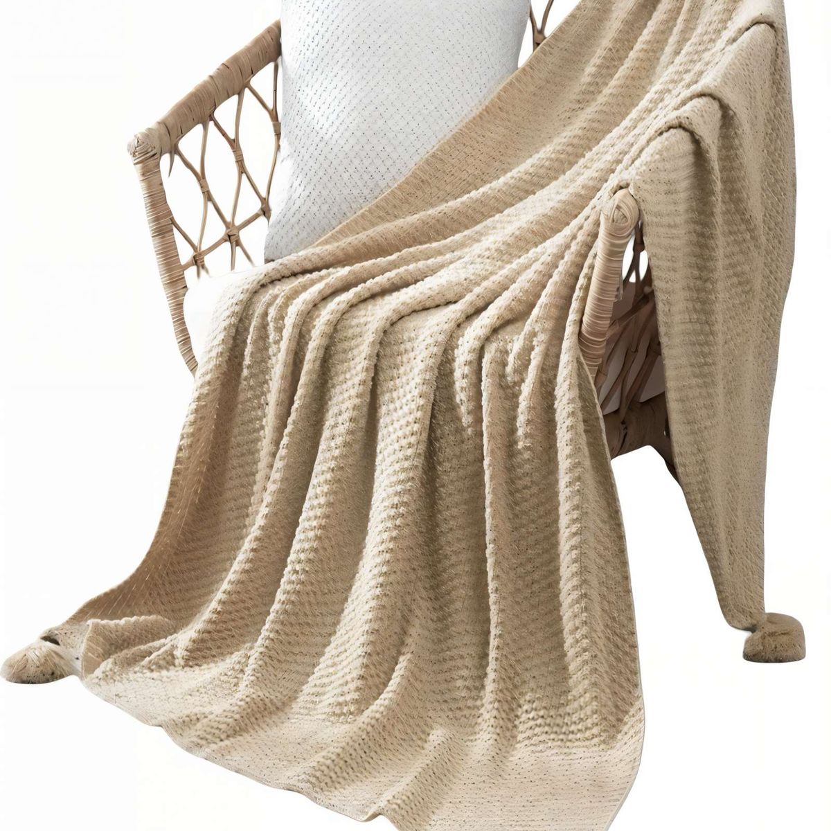 GENERICO - MANTA DE SOFÁ CON FLECOS DE SOGA 130CMX180CM  COLOR BEIGE