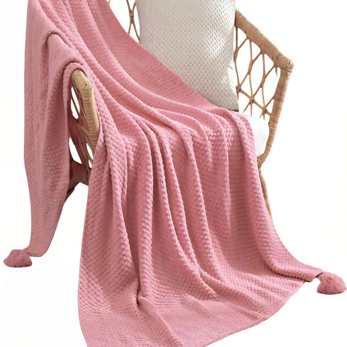 GENERICO - MANTA DE SOFÁ CON FLECOS DE SOGA 130CMX180CM  COLOR ROSADO