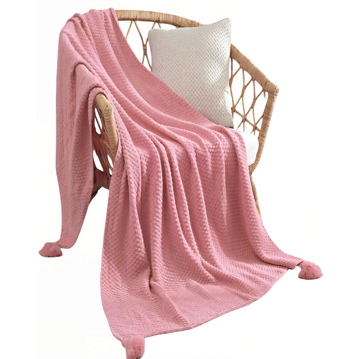 GENERICO - MANTA DE SOFÁ CON FLECOS DE SOGA 130CMX180CM  COLOR ROSADO