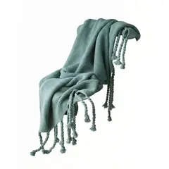 GENERICO - MANTA DECORATIVA CON FLECOS DE SOGA TRENZADOS CHENILLE COLOR VERDE