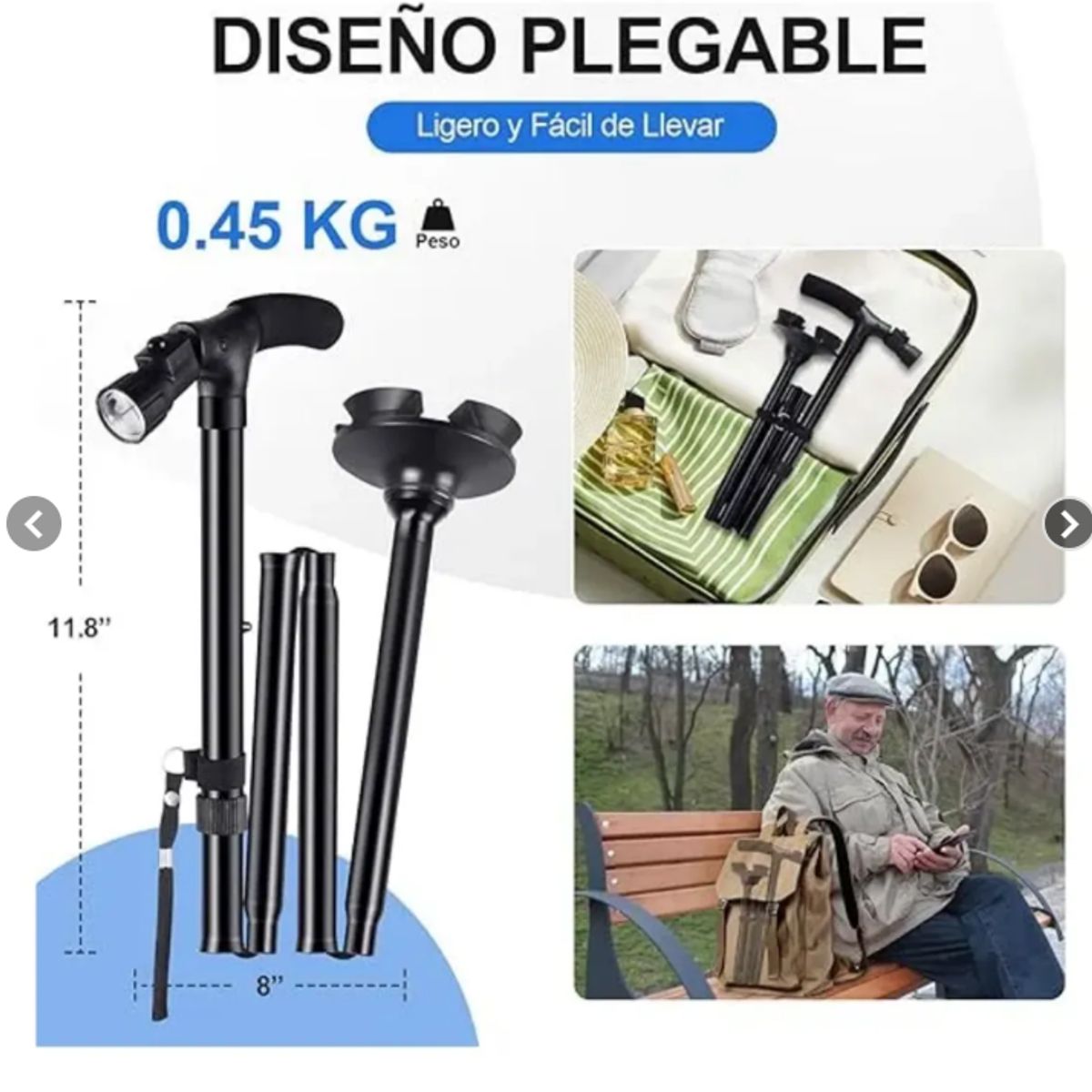 GENERICO - Bastón Plegable Y Extensible Ajustable Luz Led