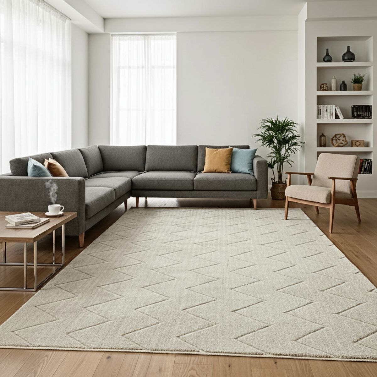 GENERICO - ALFOMBRA JACQUARD 200X240  ZIGZAG BEIGE HILO ALGODON DECORATIVA ANTDESLIZANTE WM