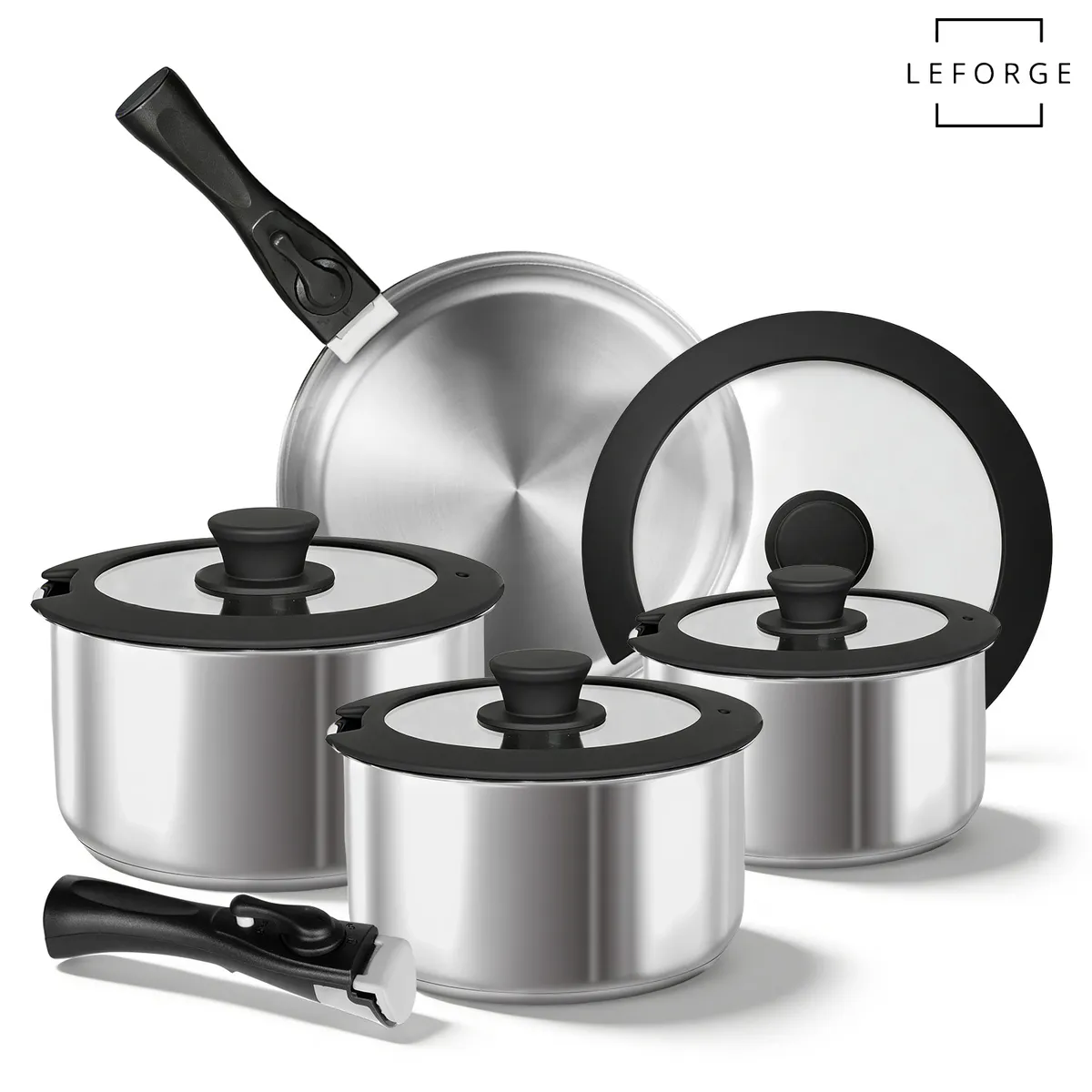 LEFORGE - Bateria De Cocina 10 Piezas Smart Mango Acero Inoxidable 304 Color Plateado