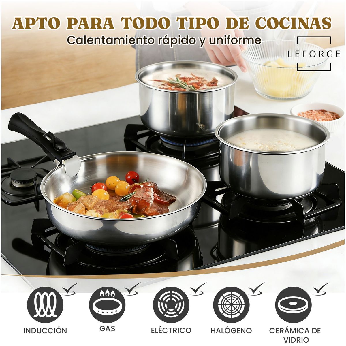 LEFORGE - Bateria De Cocina 10 Piezas Smart Mango Acero Inoxidable 304 Color Plateado