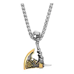 GENERICO - Collar Vikingo Titanio Hacha Nordica Silver Gold