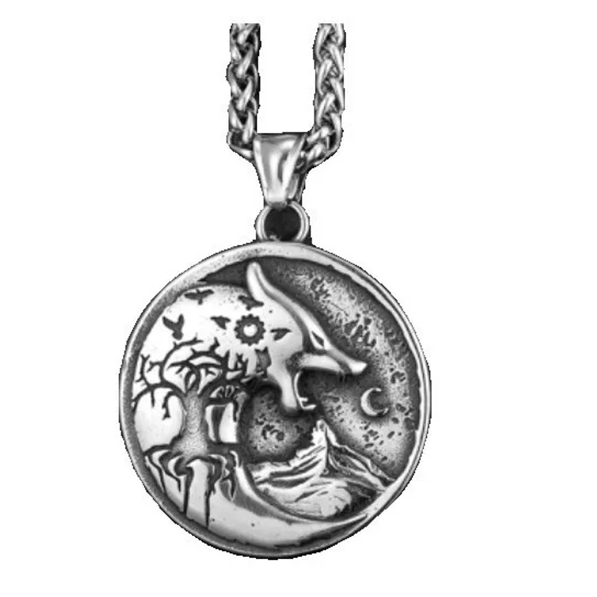 GENERICO - Collar Vikingo Titanio Lobo Nordico Silver Luna