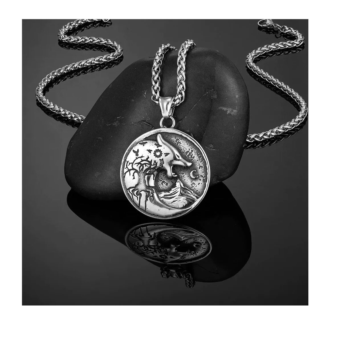 GENERICO - Collar Vikingo Titanio Lobo Nordico Silver Luna