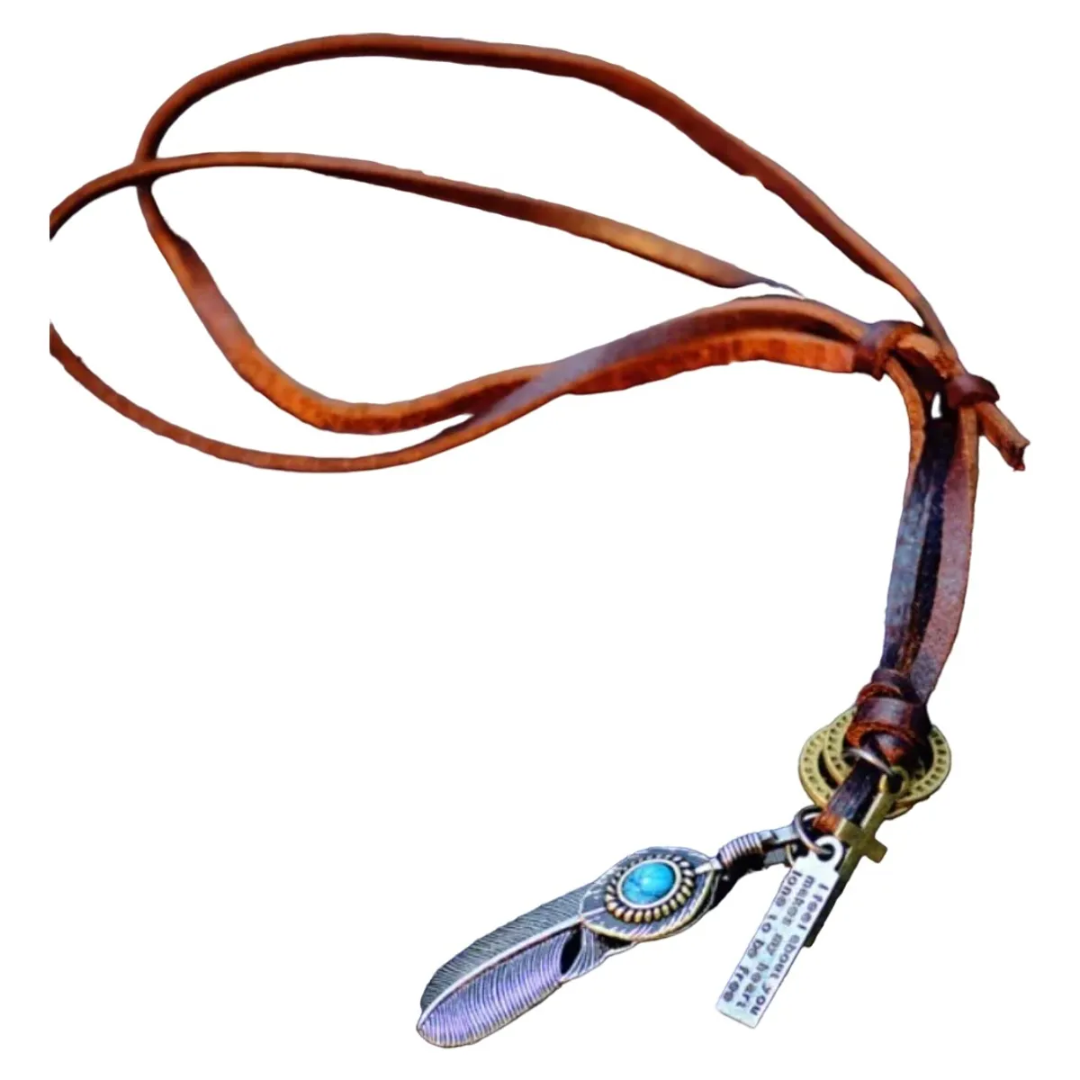 GENERICO - Collar De Cuero Pluma Turquesa Hombre Mujer Style