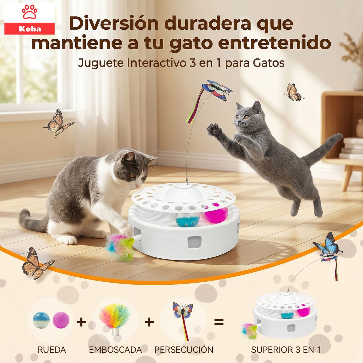 KOBA - Juguete Para Gatos Michis Interactivo Inteligente 3 En 1 USB Blanco