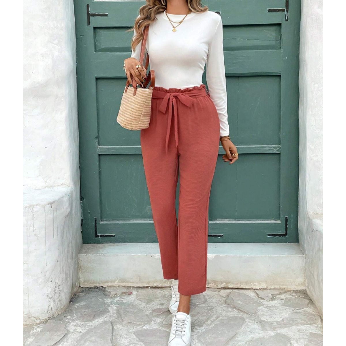 KIRAMA CLOTHING STORE - Pantalón Largo Color Caoba Talle Alto con Lazo