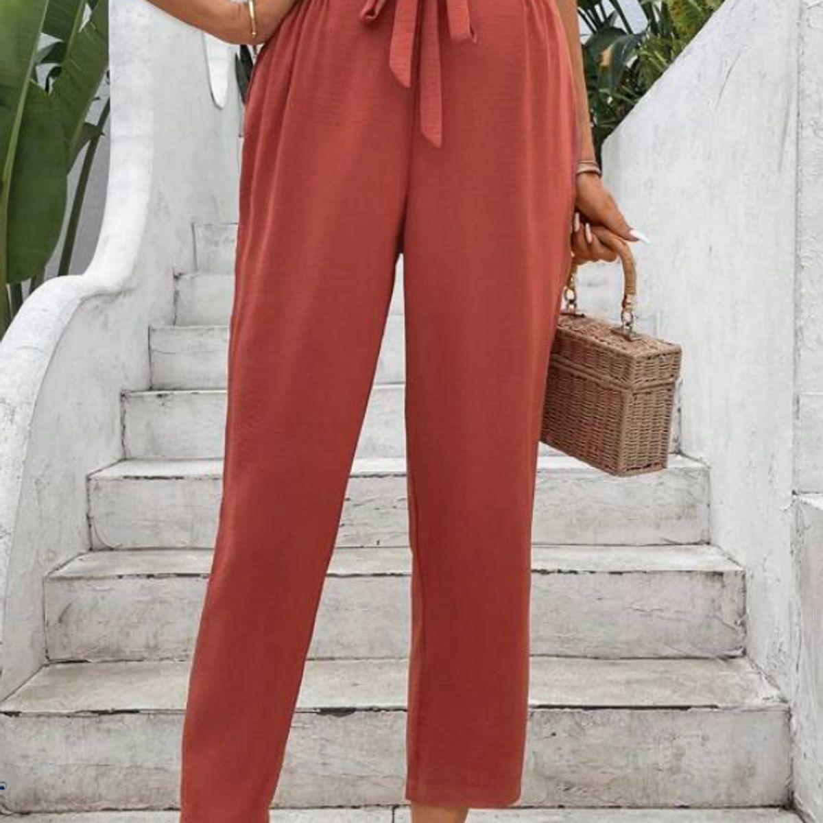 KIRAMA CLOTHING STORE - Pantalón Largo Color Caoba Talle Alto con Lazo