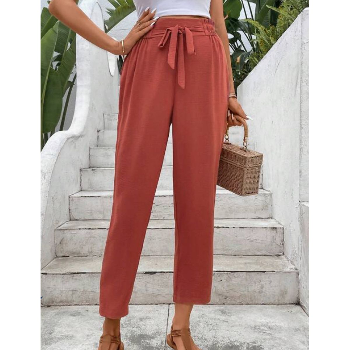 KIRAMA CLOTHING STORE - Pantalón Largo Color Caoba Talle Alto con Lazo