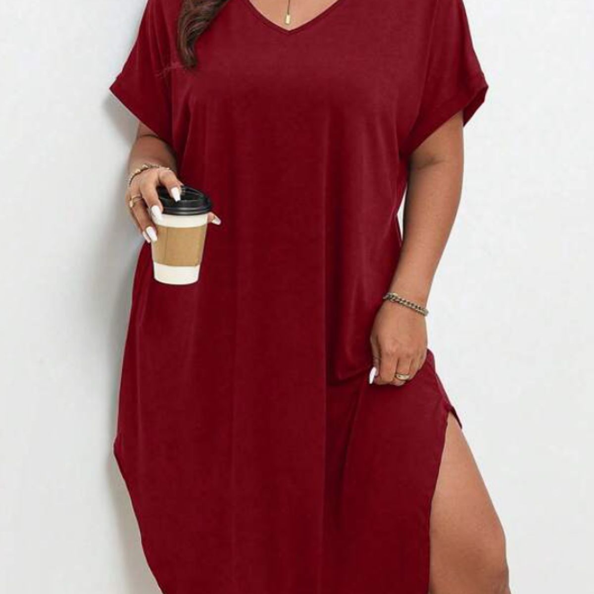 KIRAMA CLOTHING STORE - Vestido Rojo Midi Cuello en V Manga Murciélago
