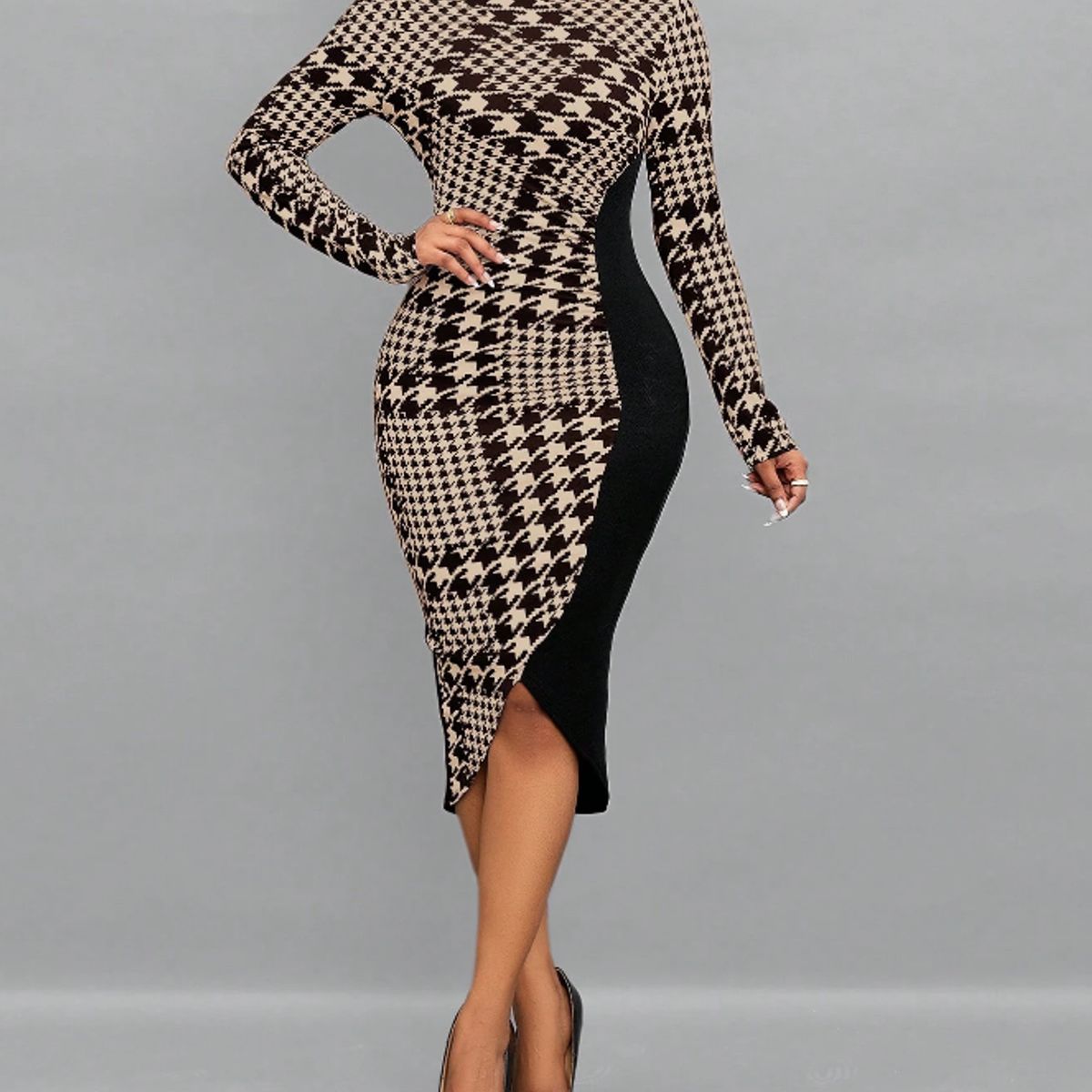 KIRAMA CLOTHING STORE - Vestido Midi Ajustado Pata de Gallo Asimétrico