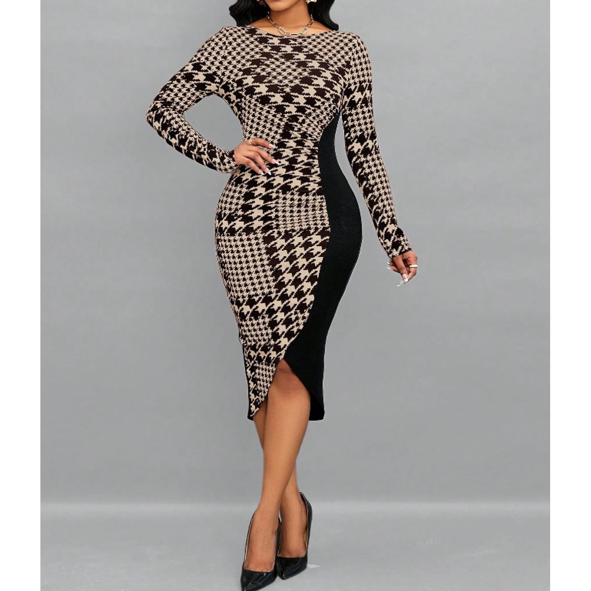 KIRAMA CLOTHING STORE - Vestido Midi Ajustado Pata de Gallo Asimétrico