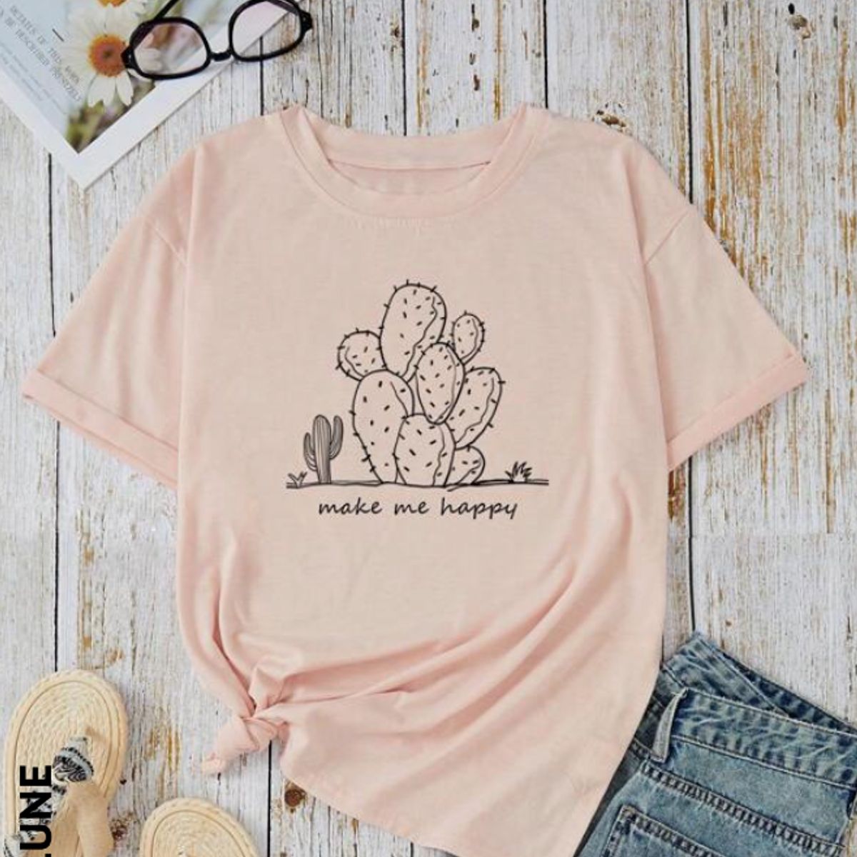 KIRAMA CLOTHING STORE - Camiseta Rosa con Estampado de Cactus “Make Me Happy”