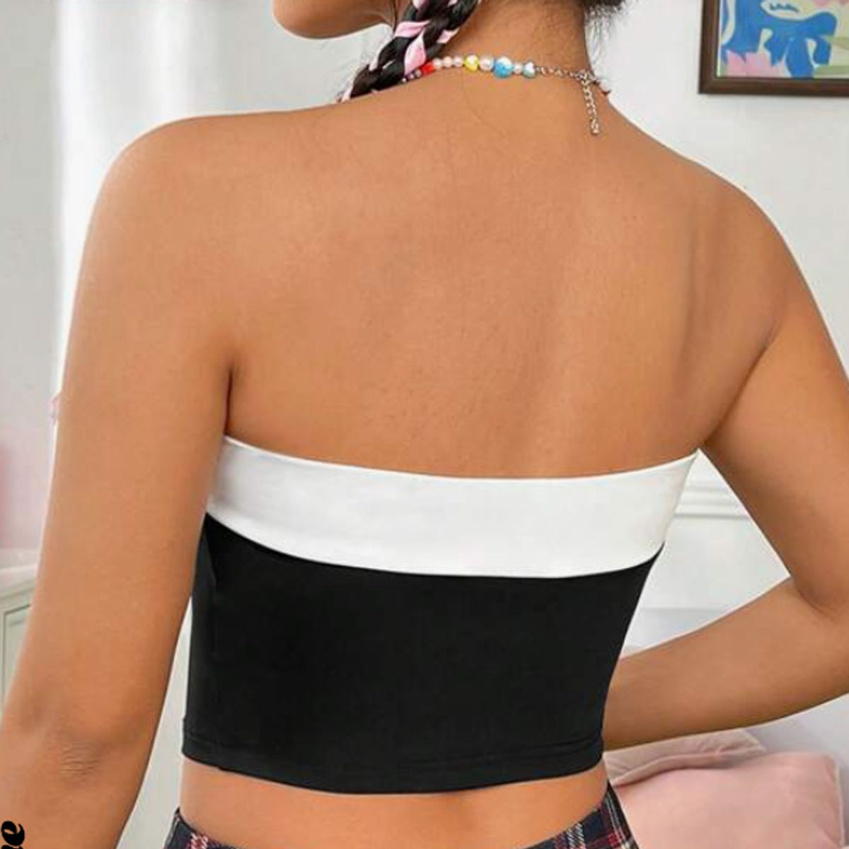 KIRAMA CLOTHING STORE - Top Bandeau Blanco y Negro con Diamante de Imitación y Patrón de Corazón