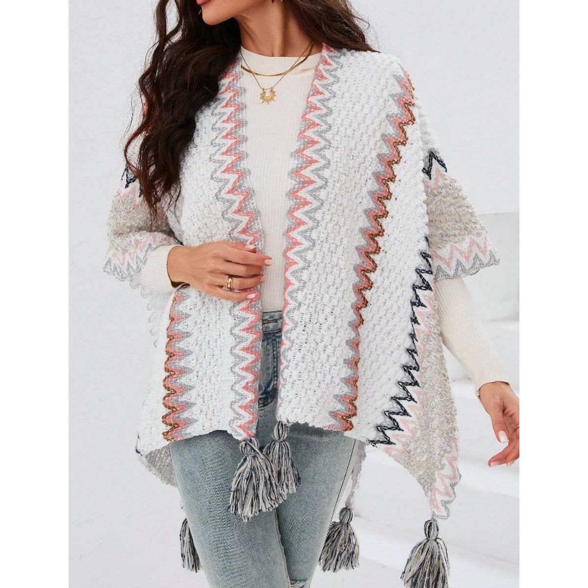 KIRAMA CLOTHING STORE - Cárdigan Multicolor con Patrón Ondulado y Flecos