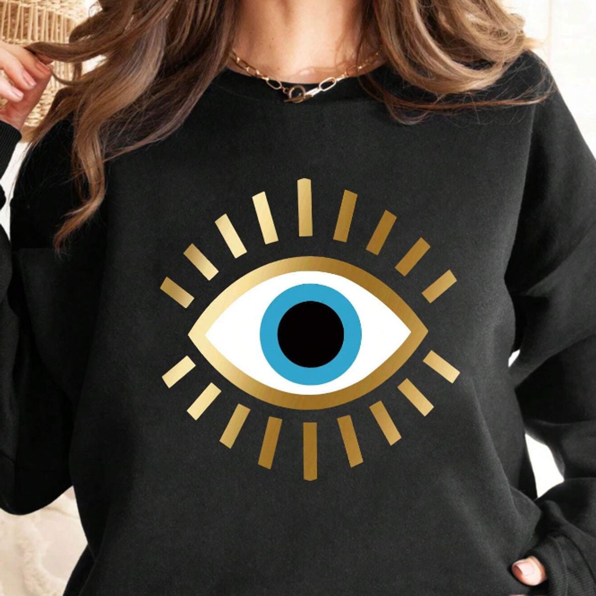 KIRAMA CLOTHING STORE - Sudadera De Cuello Redondo Negra Con Estampado De Ojo Dorado