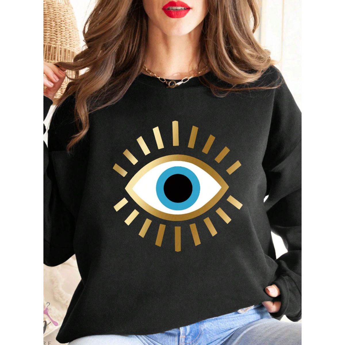 KIRAMA CLOTHING STORE - Sudadera De Cuello Redondo Negra Con Estampado De Ojo Dorado