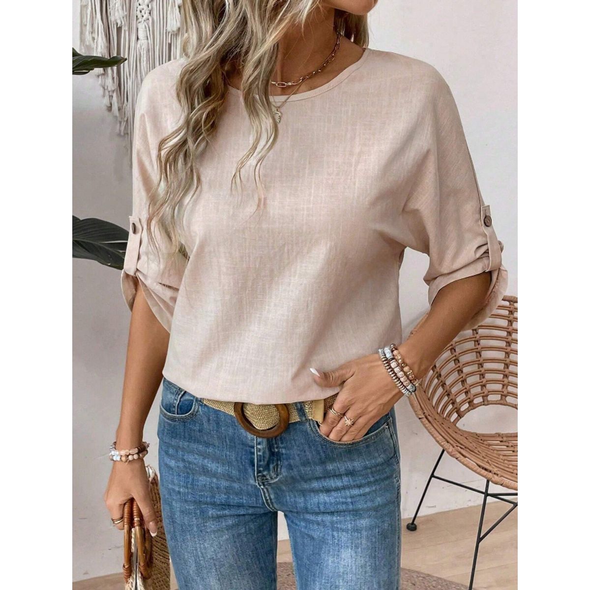 KIRAMA CLOTHING STORE - Blusa Casual De Manga Media Con Cuello Redondo En Color Albaricoque