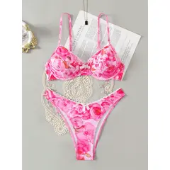 KIRAMA CLOTHING STORE - Conjunto de Bikini Floral Rosa con Push Up y Corte Alto