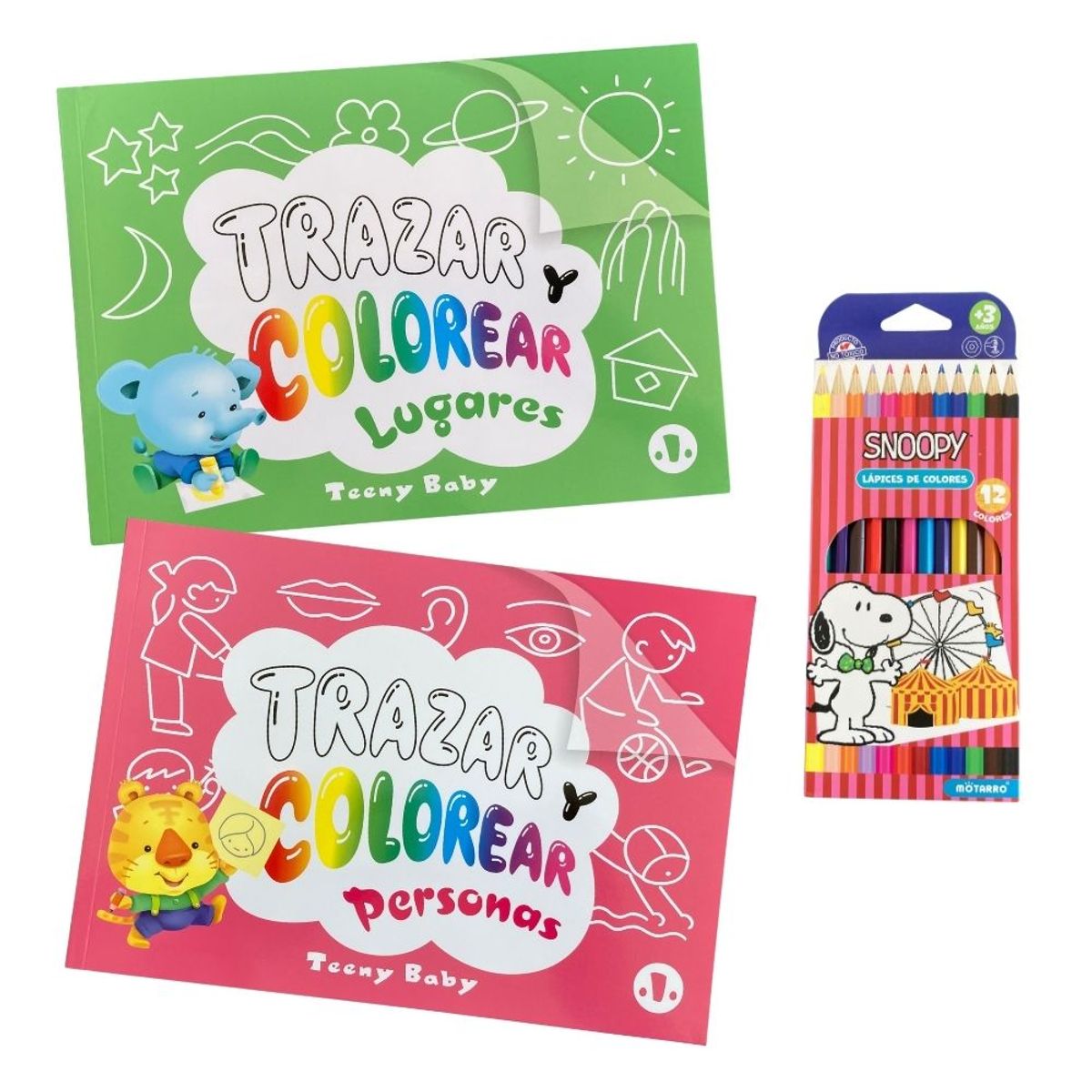 MOTARRO - Pack libros Calcar y colorear - Personas y Lugares + lápices Snoopy