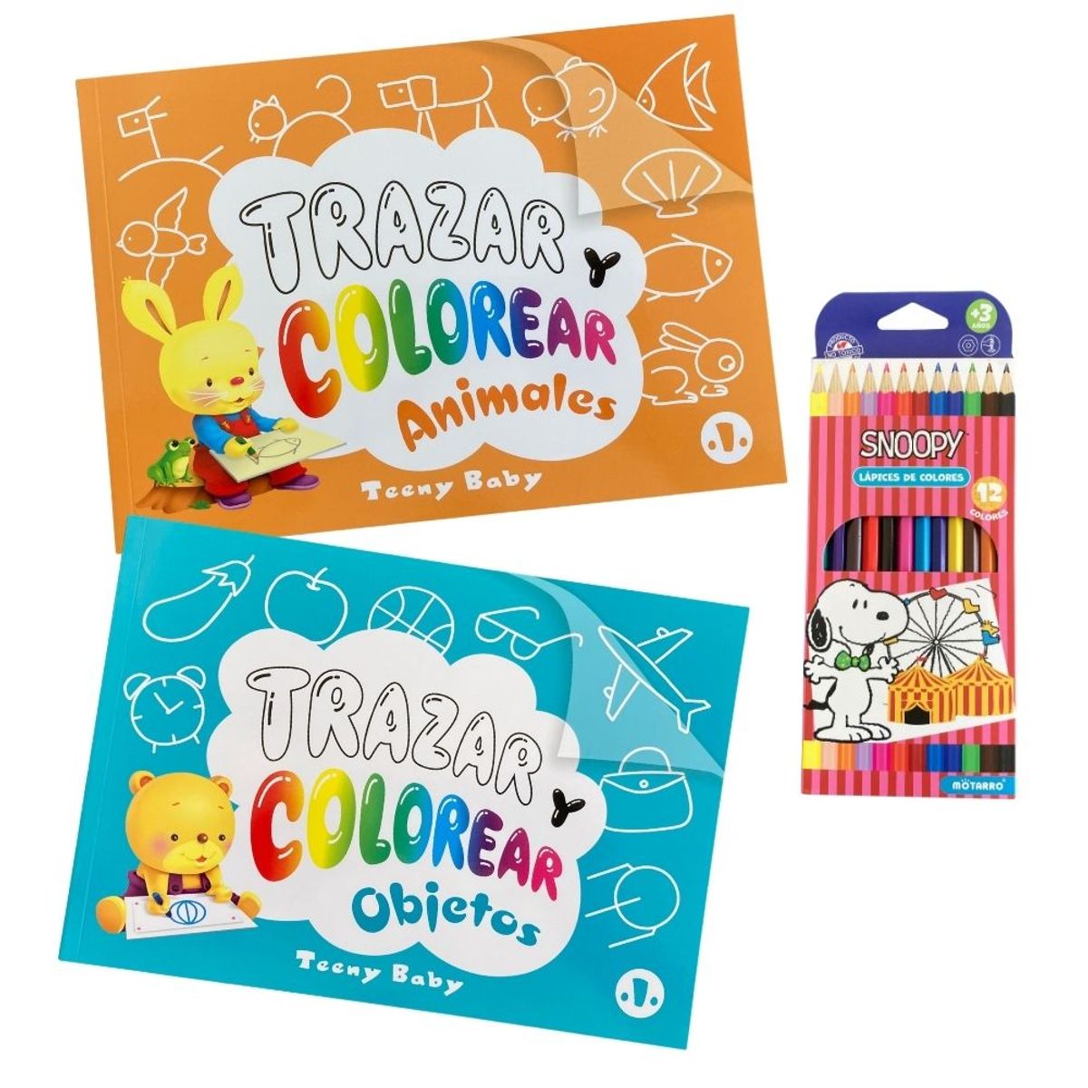 MOTARRO - Pack libros Calcar y colorear - Animales y objetos + lápices Snoopy
