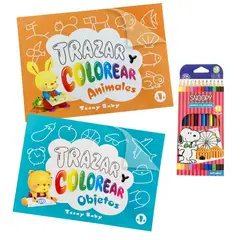 MOTARRO - Pack libros Calcar y colorear - Animales y objetos + lápices Snoopy