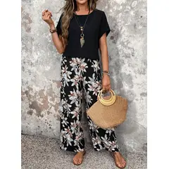 KIRAMA CLOTHING STORE - Conjunto Bohemio de Blusa Negra y Pantalón Floral
