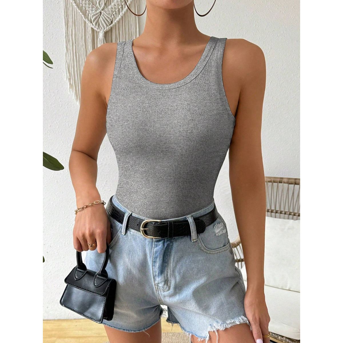 KIRAMA CLOTHING STORE - Camiseta Sin Mangas Canalé Gris Casual Ajustada