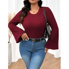 KIRAMA CLOTHING STORE - Suéter Ajustado Canalé Color Caoba con Mangas de Campana