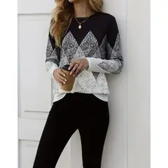 KIRAMA CLOTHING STORE - Blusa Casual de Manga Larga con Estampado Geométrico en Contraste