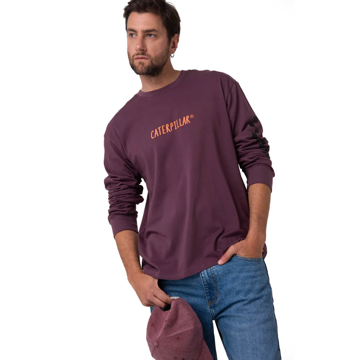CAT - Polera Manga Larga Hombre Diseño SCI FI Burdeo CAT