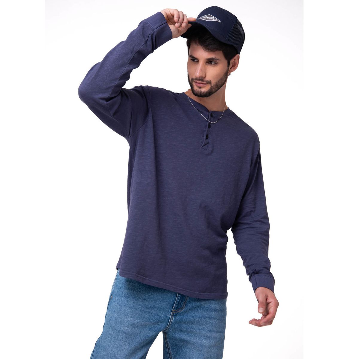 CAT - Polera Manga Larga Henley Hombre Slub Knit Azul CAT
