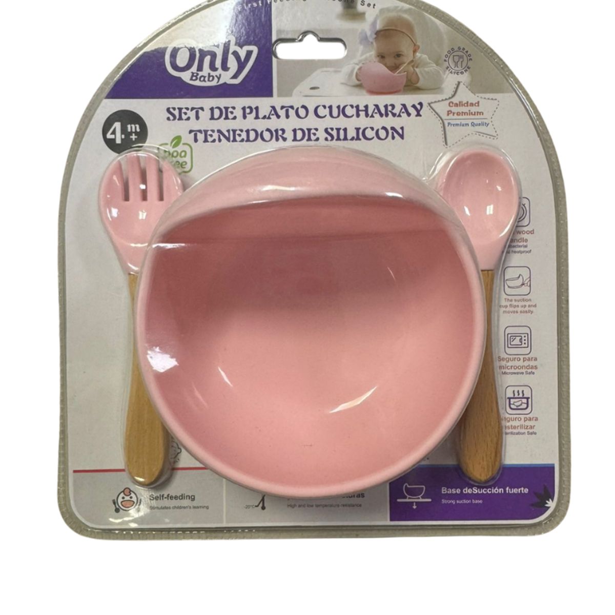 GENERICO - Set Bowl Con Cubierto- Cuchara Silicona Rosado