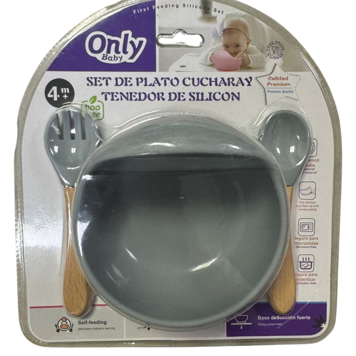 GENERICO - Set Bowl Con Cubierto- Cuchara Silicona Gris