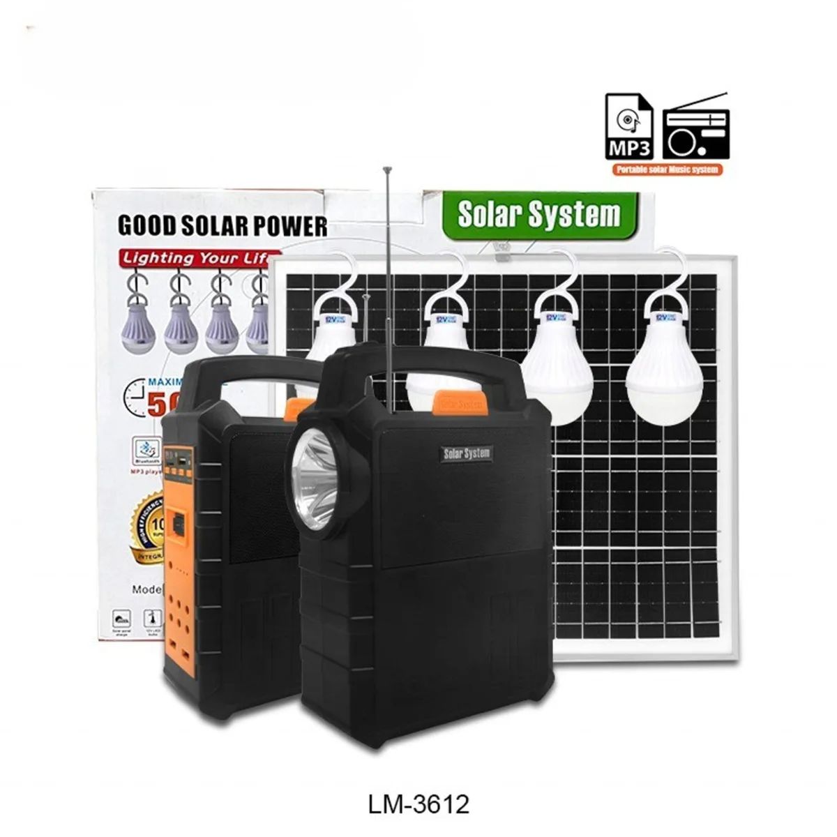 MOVI - KIT SOLAR DE EMERGENCIA, HASTA 50 HRS DE DURACION CON 4 AMPOLLETAS LED, 2 LINTERNAS, RADIO