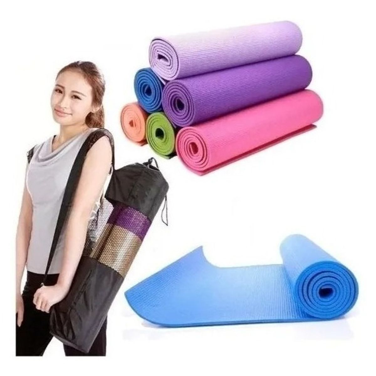 GENERICO - Colchoneta Mat Yoga Pvc 6mm Pilates Alfombra Ejercicio Bolsa Color Azul-256012 B31
