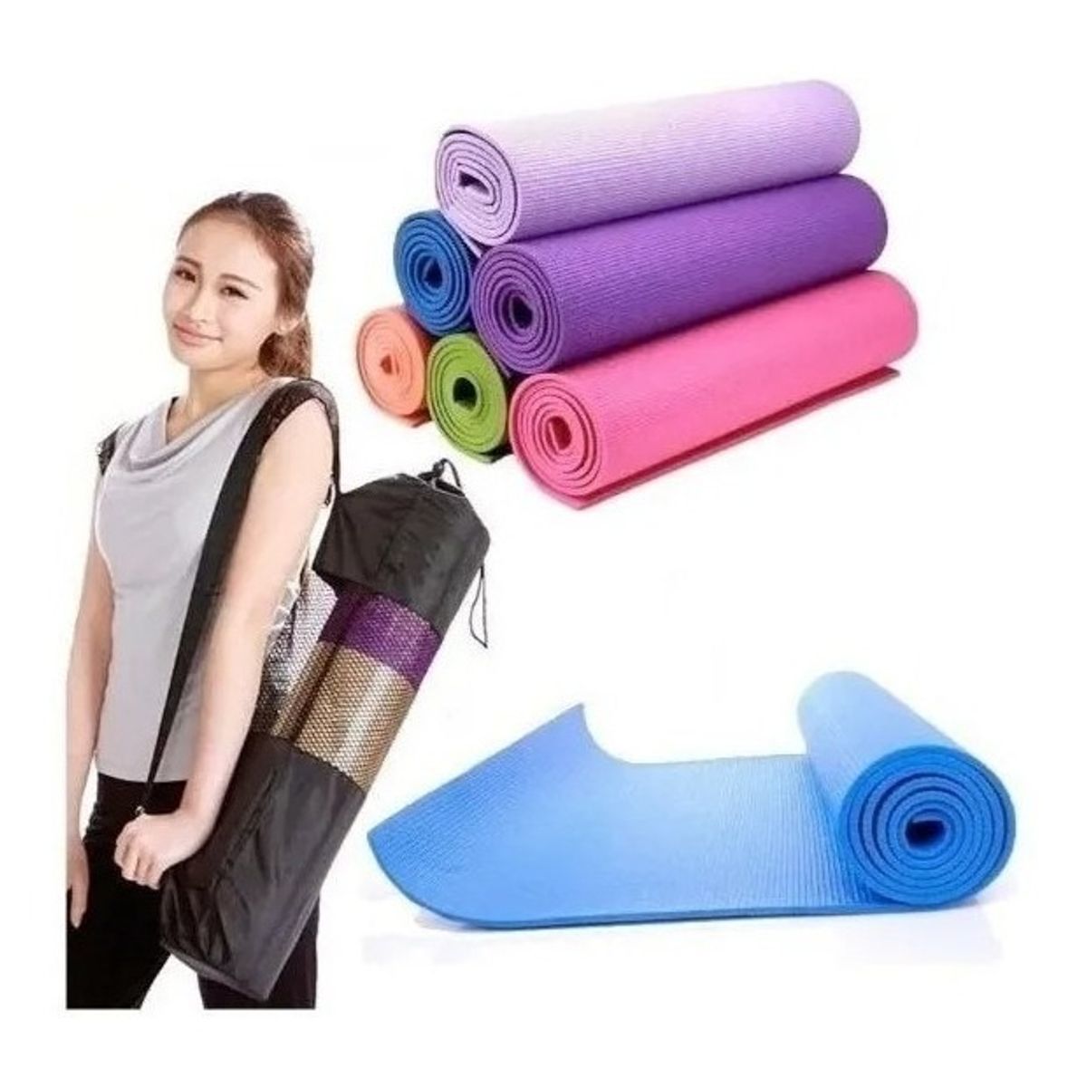 GENERICO - Colchoneta Mat Yoga Pvc 6mm Pilates Alfombra Ejercicio Bolsa Color Azul-256012 B31