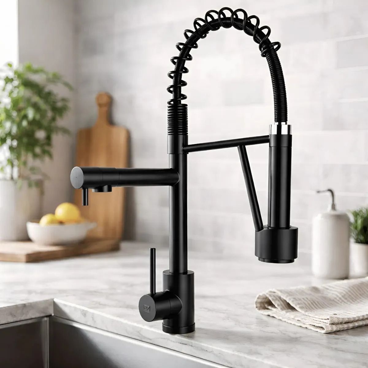 HOMEBRANDT - Llave Lavaplatos Grifo Monomando Extensible 2 En 1 Cepillado Negra