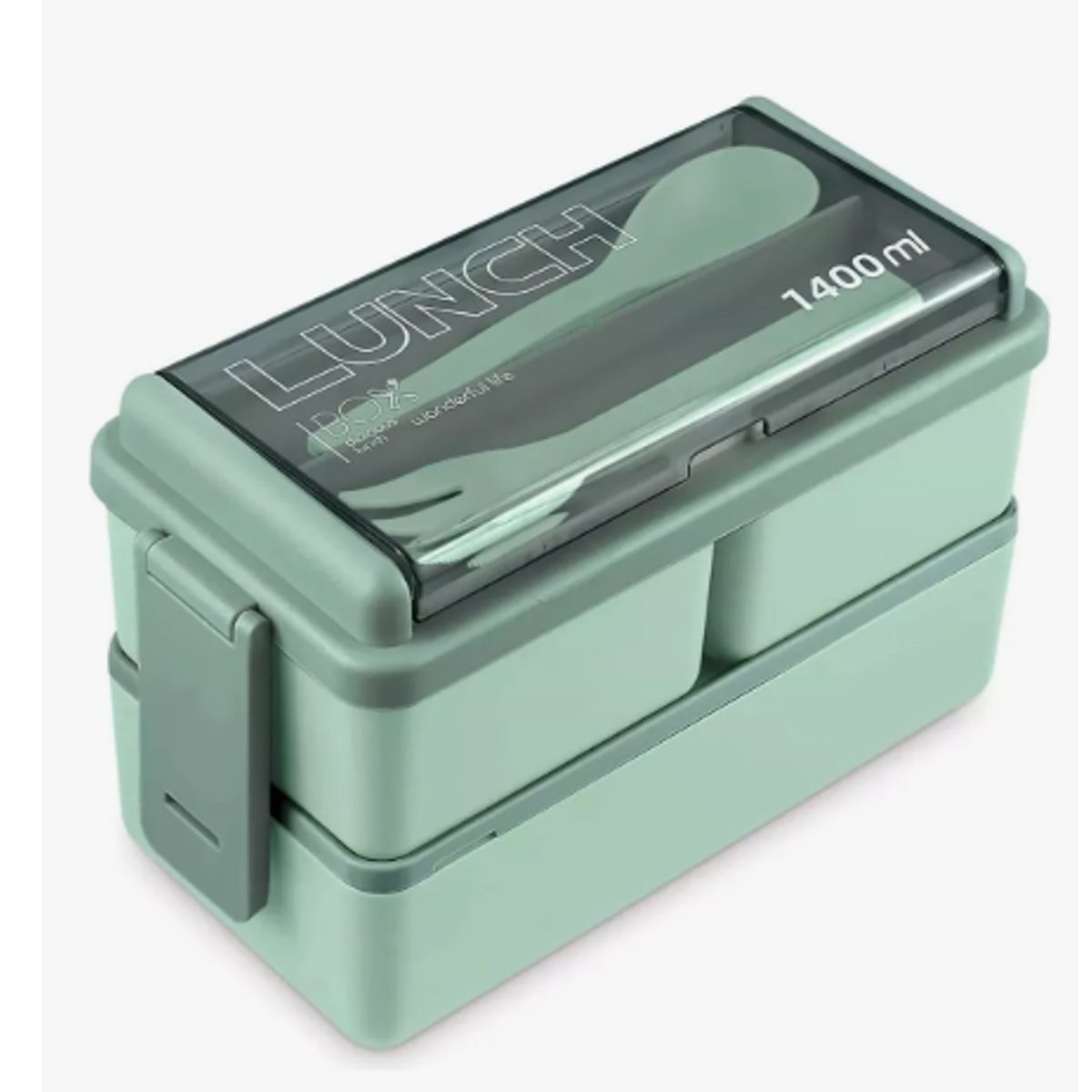 GENERICO - Lunch Box 2 Niveles Fiambrera Desmontable Con Cubiertos Verde